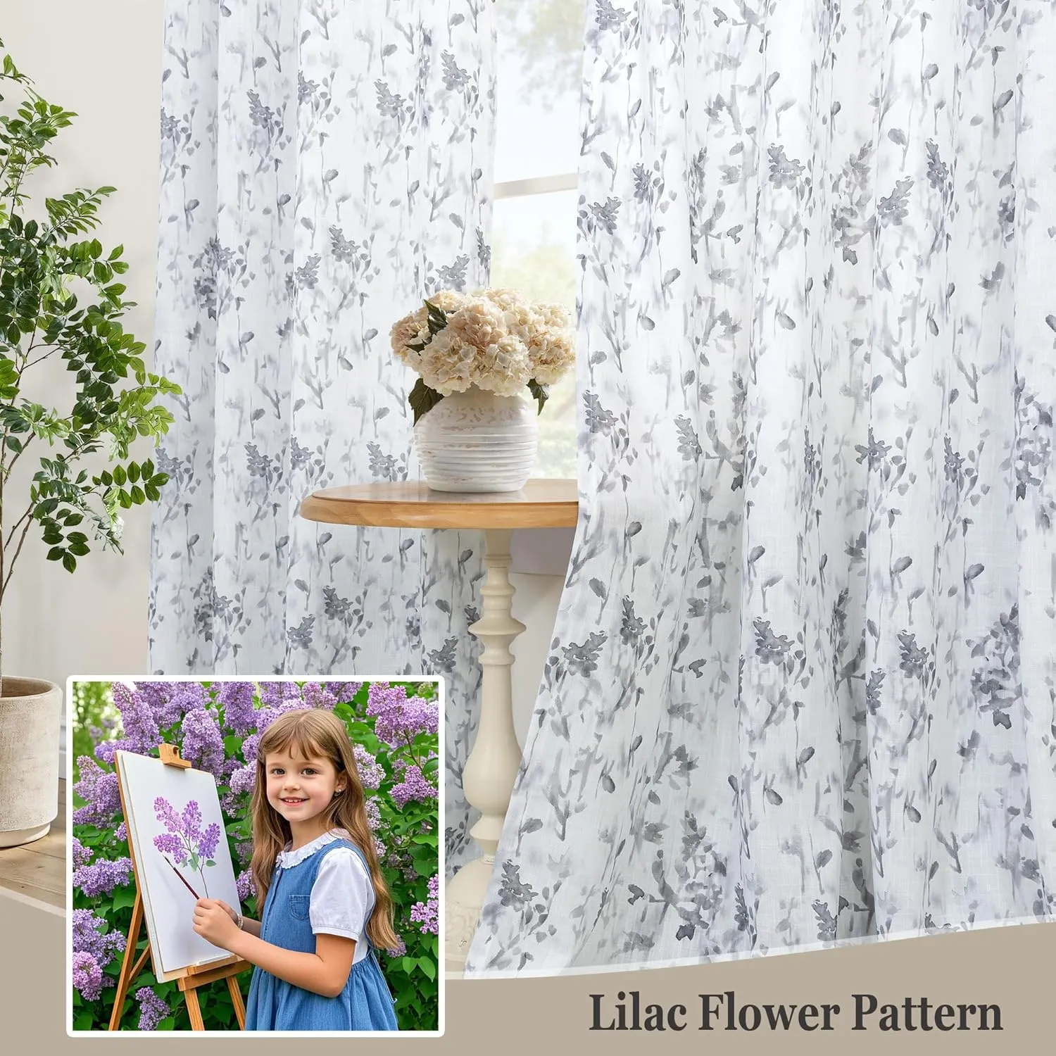 Floral Linen Curtains 108 Inches Long for Living Dining Room White Patterned Curtains Grey Printed Burlap Textured Rustic Farmhouse Country Curtain Extra Long Lilac Flower Drapes 2 Panels Grommet