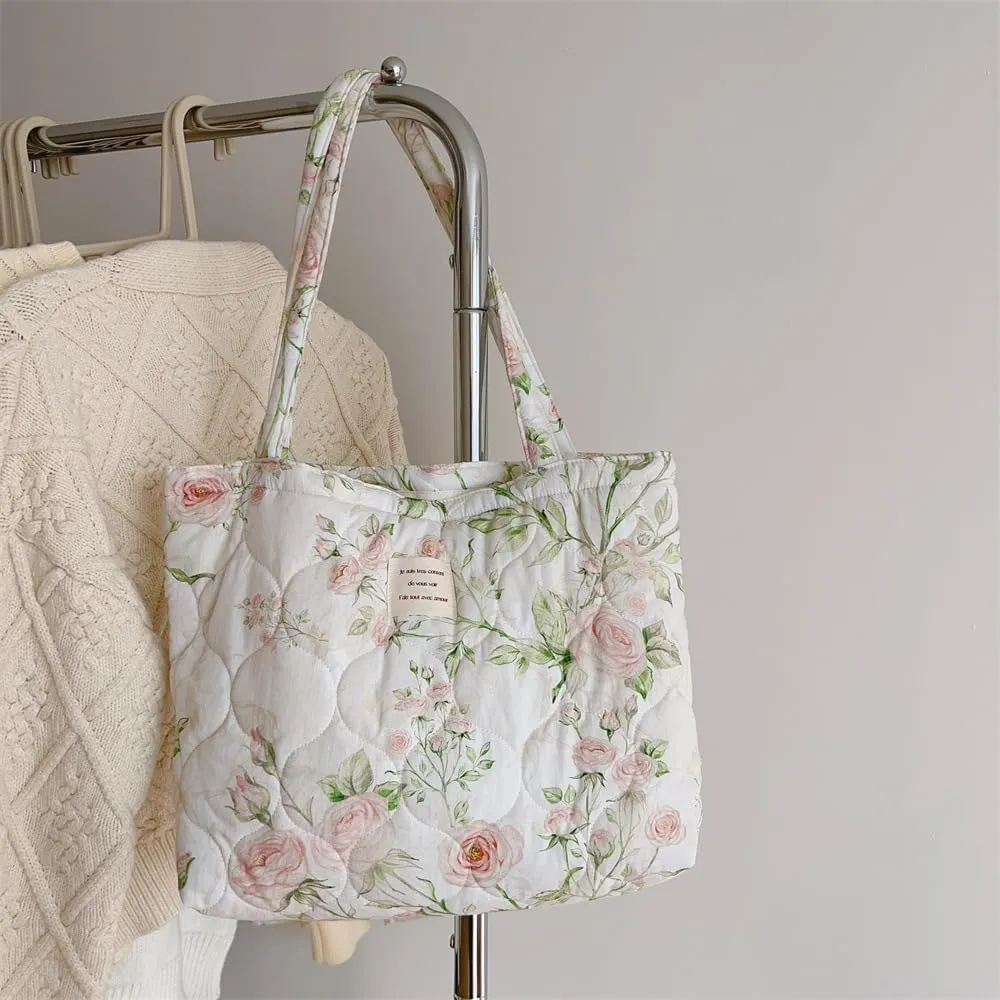 Floral Quilted Cotton Shoulder Bag for Women Medium Size Handbag Large Capacity Thickened Design Tote