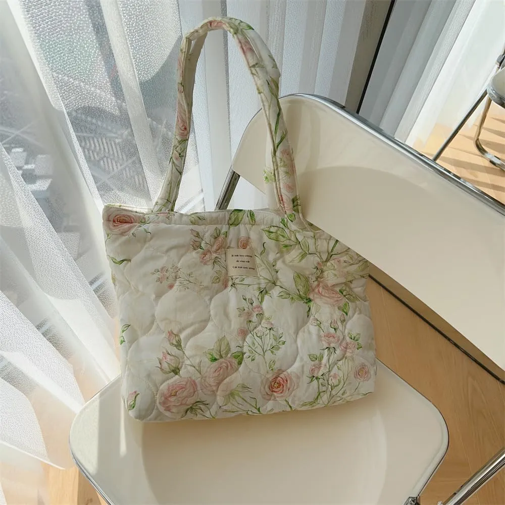 Floral Quilted Cotton Shoulder Bag for Women Medium Size Handbag Large Capacity Thickened Design Tote