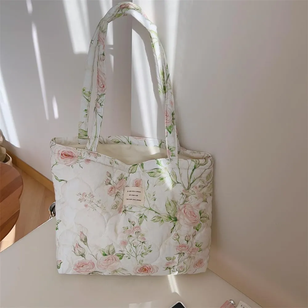 Floral Quilted Cotton Shoulder Bag for Women Medium Size Handbag Large Capacity Thickened Design Tote