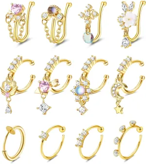 Florideco Nose Cuff Fake Nose Ring Hoop Clip on Nose Ring CZ Dangle Fake Nose Ring Cartilage Tragus Ring Nose Cuff Non Piercing for Women Men