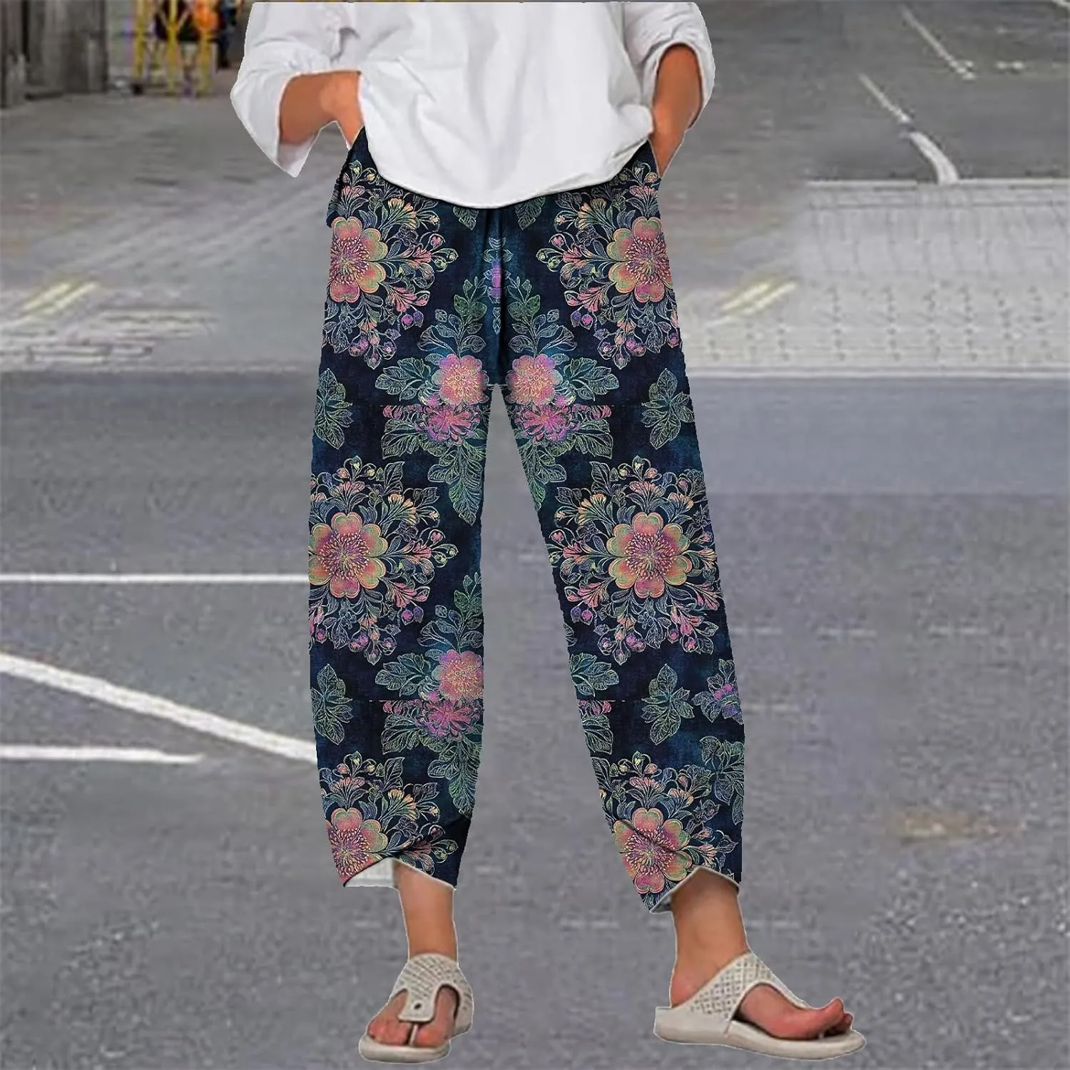 Flowy Capri Pants for Women Casual Summer Wide Leg Cropped Baggy Trousers with Pockets Palazzo Lounge Pants
