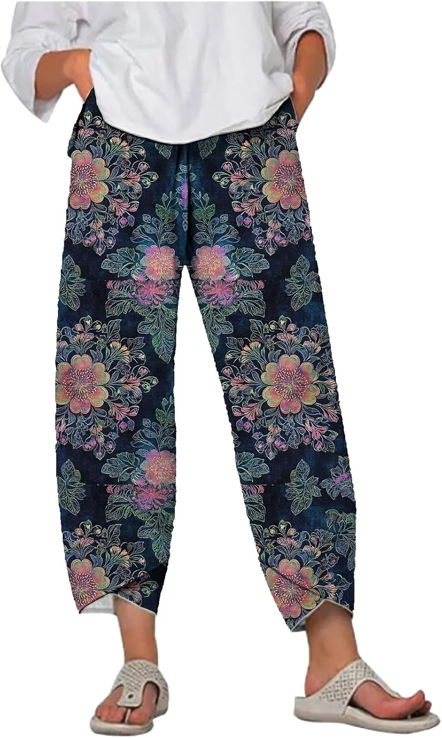 Flowy Capri Pants for Women Casual Summer Wide Leg Cropped Baggy Trousers with Pockets Palazzo Lounge Pants