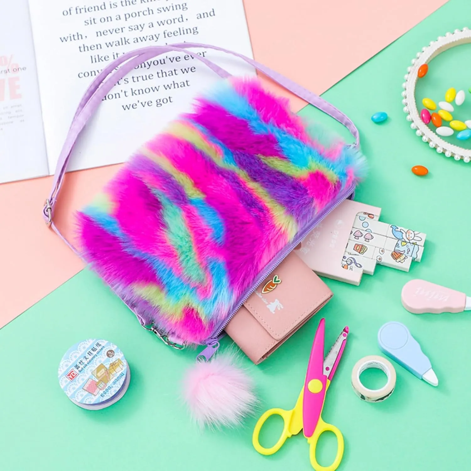 Fluffy Faux Fur Crossbody Purse for Kids Girls Women Tie Dye Rainbow Shoulder Bag Handbag Wallet