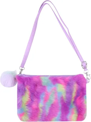 Fluffy Faux Fur Crossbody Purse for Kids Girls Women Tie Dye Rainbow Shoulder Bag Handbag Wallet