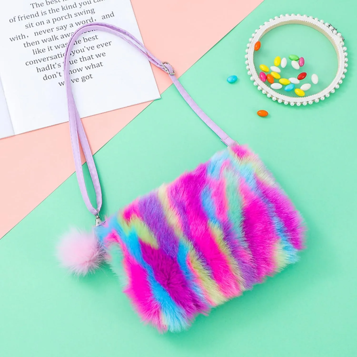 Fluffy Faux Fur Crossbody Purse for Kids Girls Women Tie Dye Rainbow Shoulder Bag Handbag Wallet