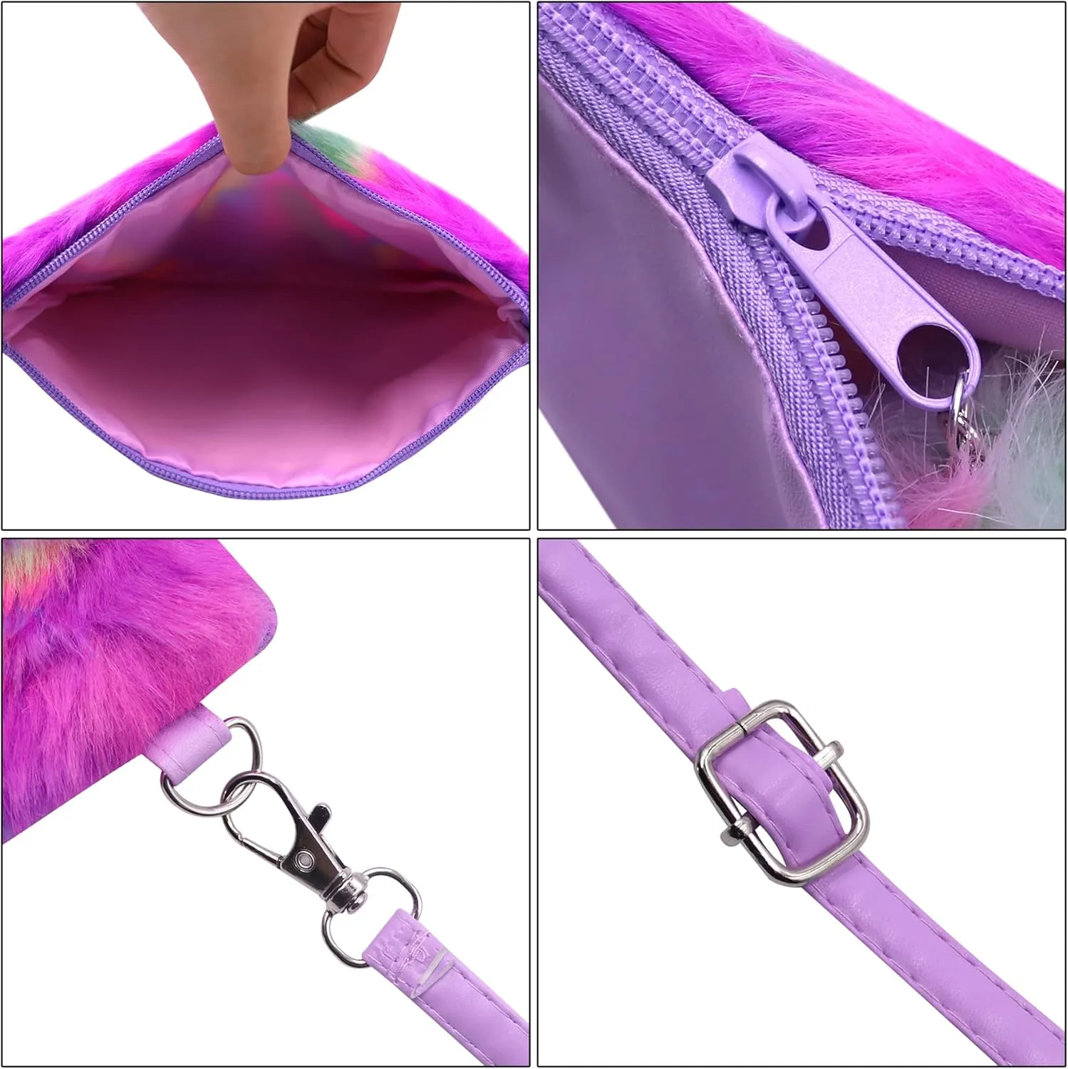 Fluffy Faux Fur Crossbody Purse for Kids Girls Women Tie Dye Rainbow Shoulder Bag Handbag Wallet