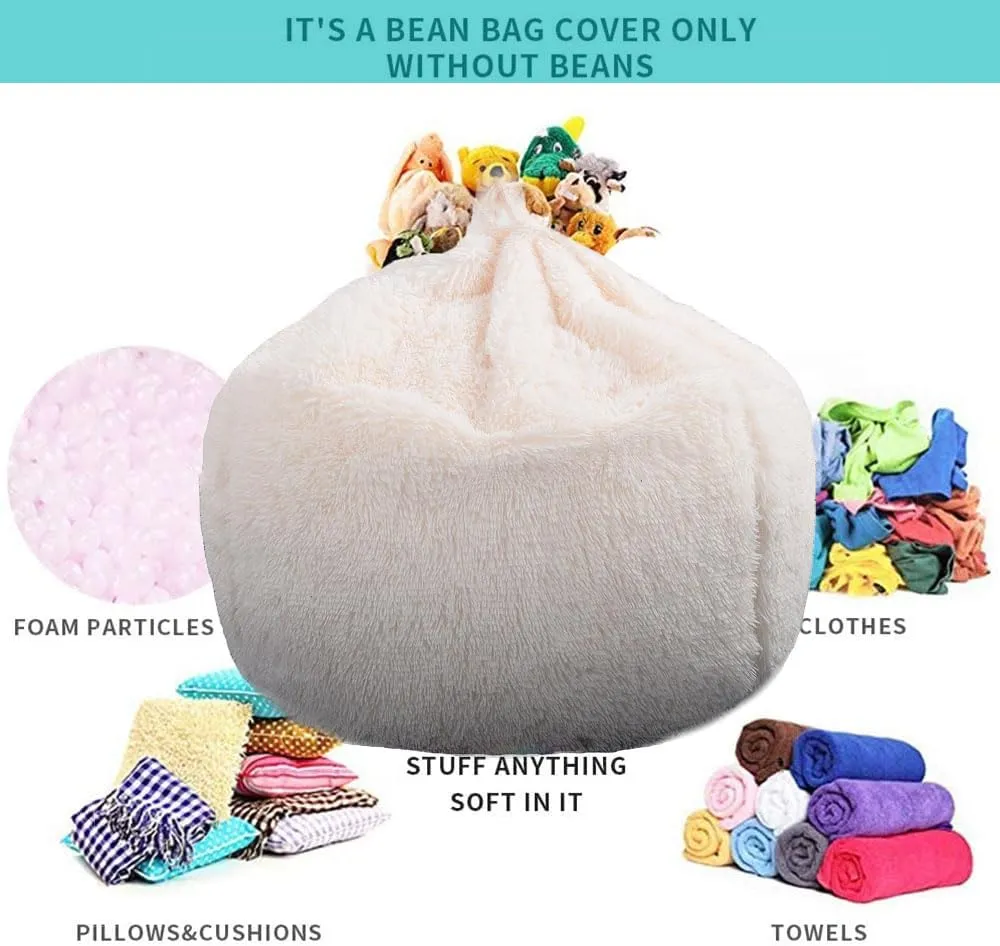 Fluffy Stuffed Animal Storage Bean Bag Chair Cover (No Filler), Faux Fur Comfy Bean Bag Cover for Organizing Plush Toys or Textile, for Adults Teens Kids Girls, Beige