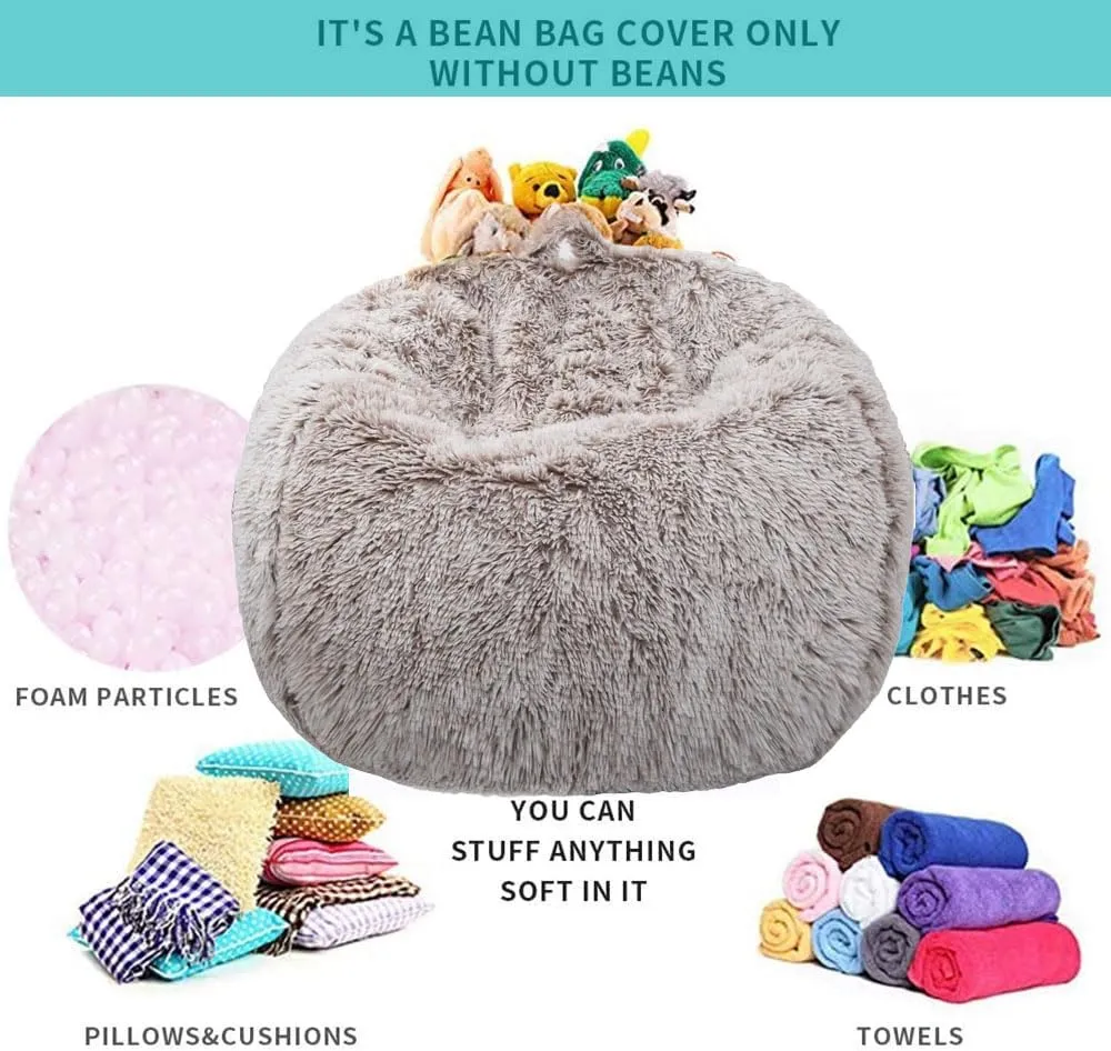 Fluffy Stuffed Animal Storage Bean Bag Chair Cover (No Filler), Faux Fur Comfy Bean Bag Cover for Organizing Plush Toys or Textile, for Adults Teens Kids Girls, Heather Camel