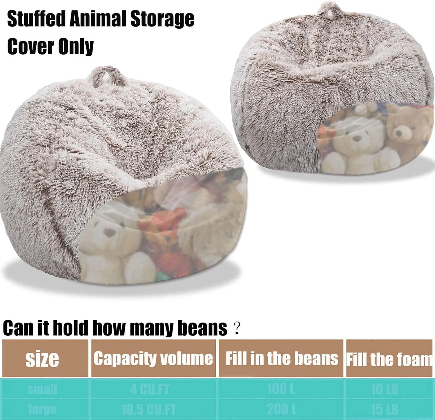 Fluffy Stuffed Animal Storage Bean Bag Chair Cover (No Filler), Faux Fur Comfy Bean Bag Cover for Organizing Plush Toys or Textile, for Adults Teens Kids Girls, Heather Camel