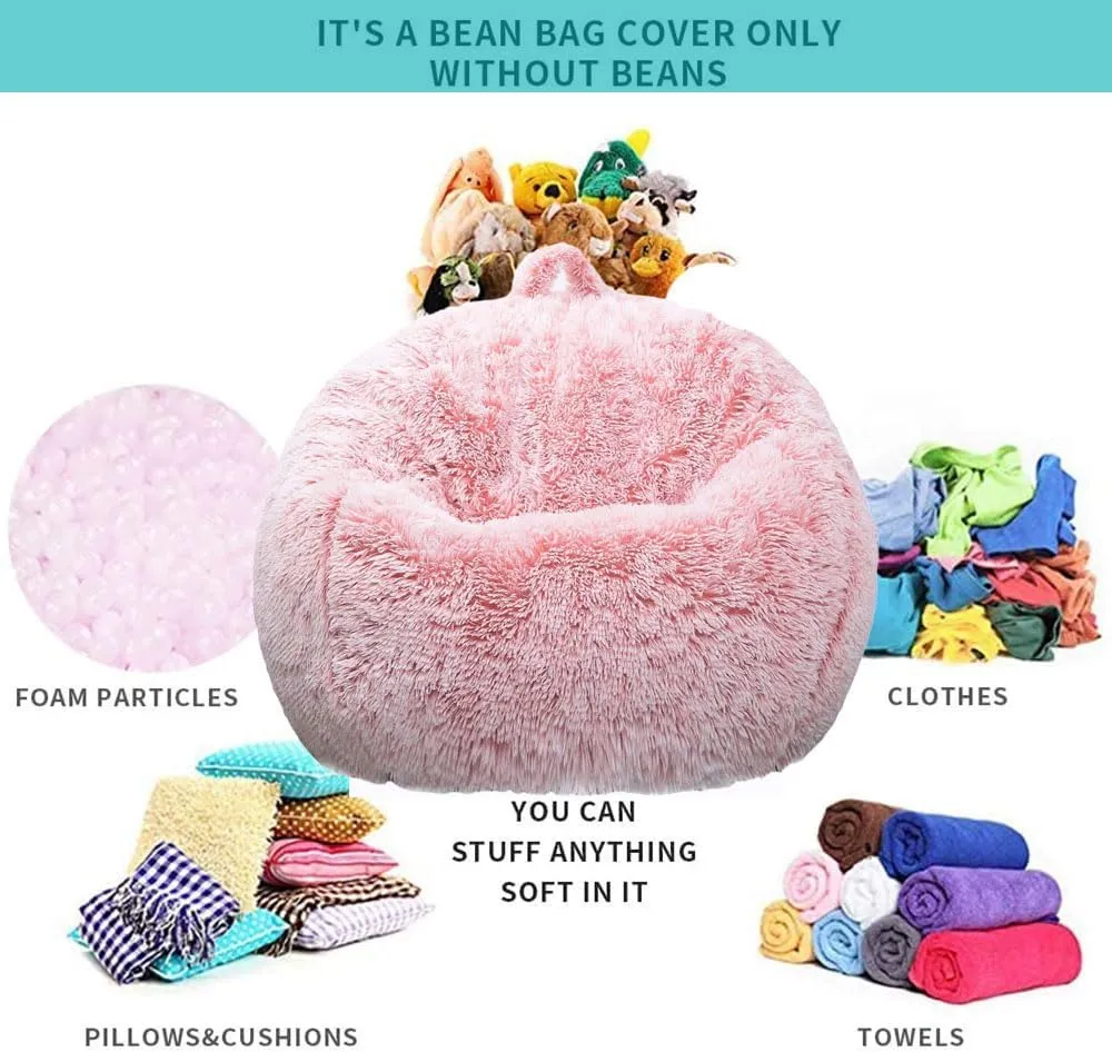 Fluffy Stuffed Animal Storage Bean Bag Chair Cover (No Filler), Faux Fur Comfy Bean Bag Cover for Organizing Plush Toys or Textile, for Adults Teens Kids Girls,Dusty Pink