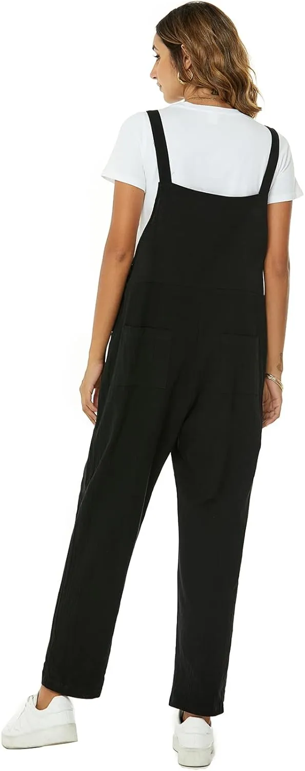 Flygo Womens Overalls Cotton Linen Overalls for Women Loose Fit Harem Wide Leg Jumpsuit with Pockets