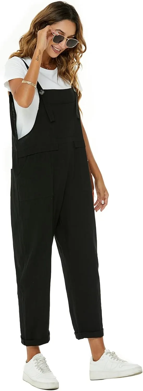 Flygo Womens Overalls Cotton Linen Overalls for Women Loose Fit Harem Wide Leg Jumpsuit with Pockets