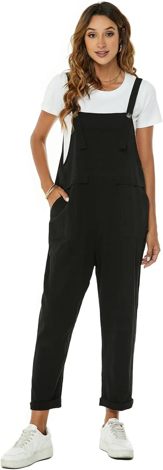Flygo Womens Overalls Cotton Linen Overalls for Women Loose Fit Harem Wide Leg Jumpsuit with Pockets