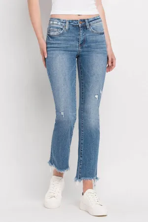 FLYING MONKEY MID RISE DISTRESSED HEM ANKLE BOOTCUT JEANS - QUINCE