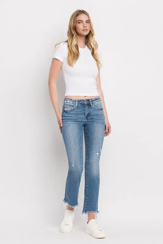 FLYING MONKEY MID RISE DISTRESSED HEM ANKLE BOOTCUT JEANS - QUINCE