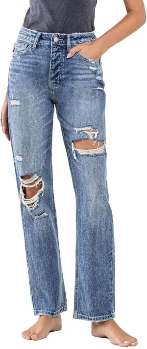 Flying Monkey - Super High Rise Button Up Distressed Straight Jean - Y3913