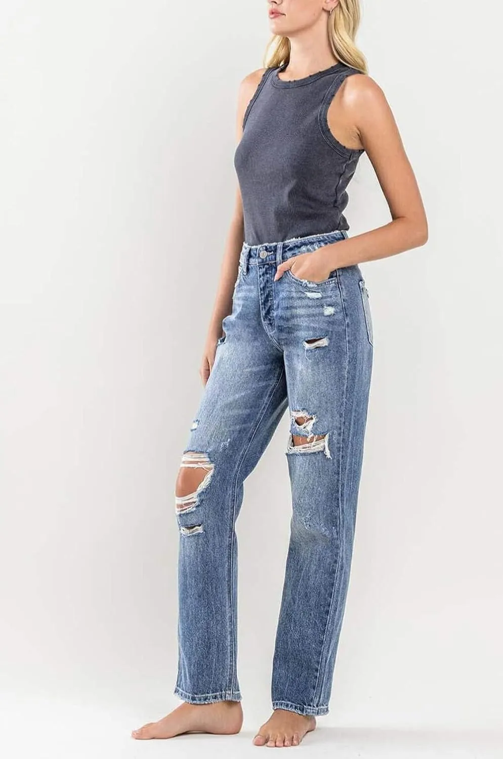 Flying Monkey - Super High Rise Button Up Distressed Straight Jean - Y3913