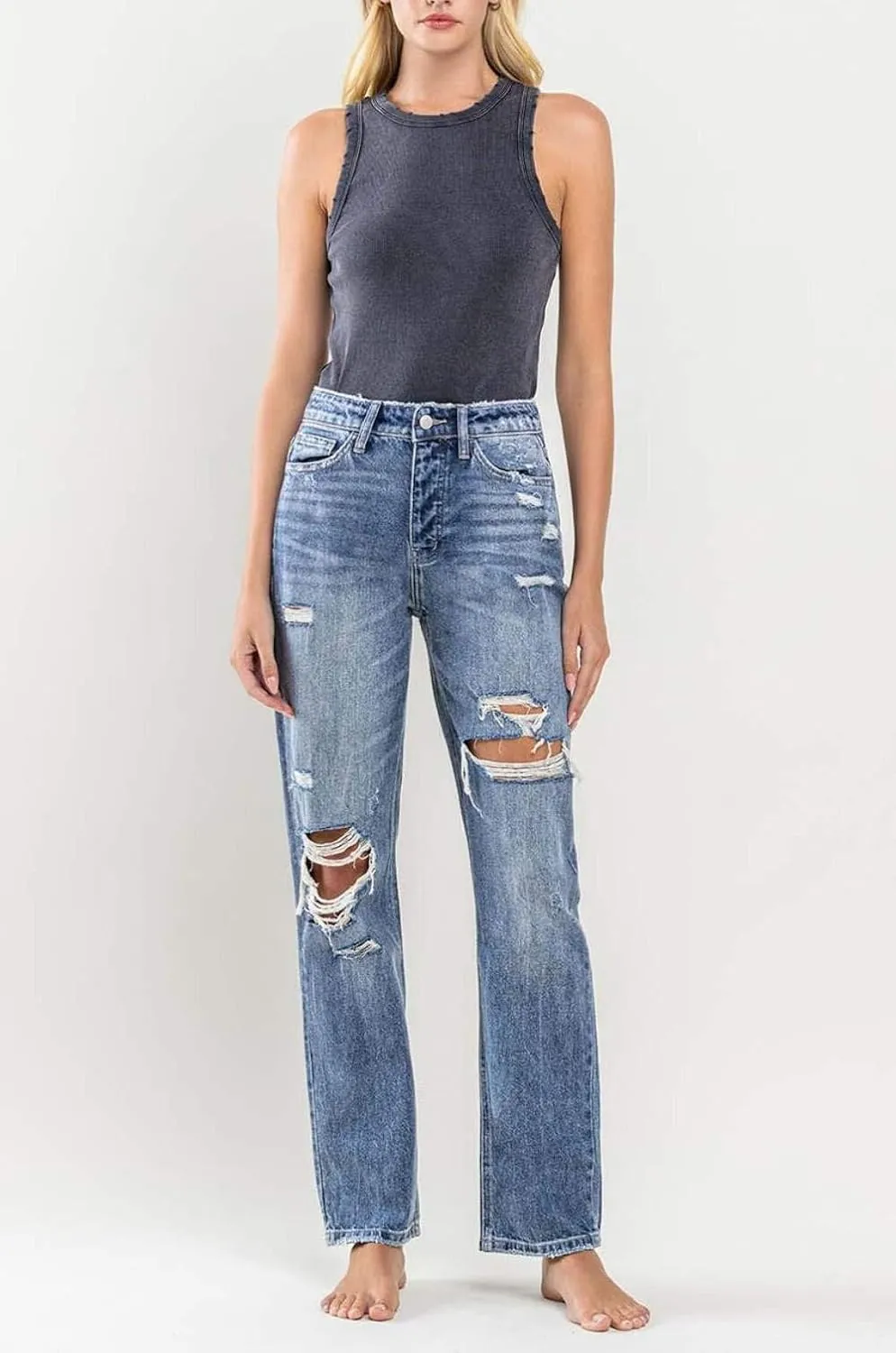 Flying Monkey - Super High Rise Button Up Distressed Straight Jean - Y3913