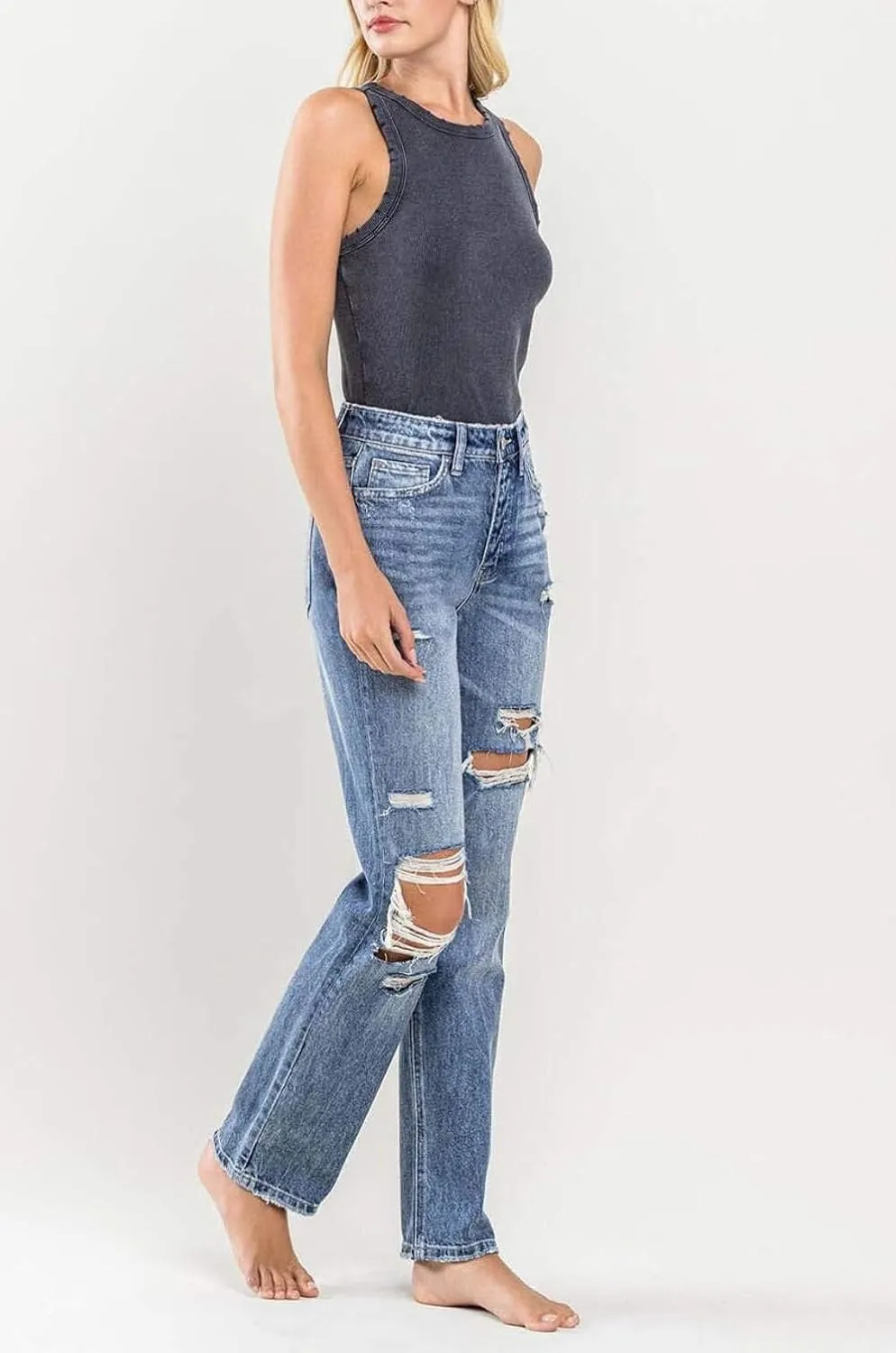 Flying Monkey - Super High Rise Button Up Distressed Straight Jean - Y3913