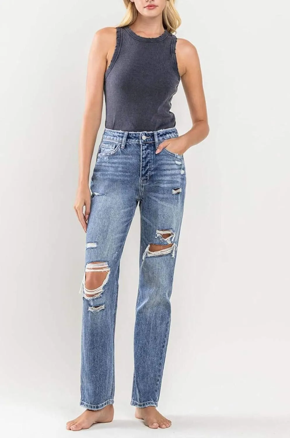 Flying Monkey - Super High Rise Button Up Distressed Straight Jean - Y3913