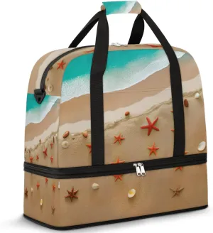 Foldable Travel Duffel Bag Tote Carry on Luggage Bag Sandy Beach Starfish Sports Gym Bag with Shoes Compartment Small Overnight Weekender Bag for Women Men