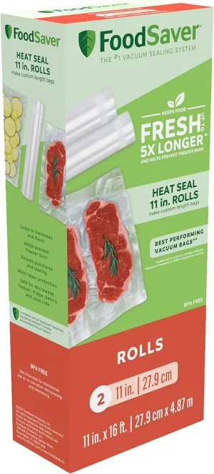 FoodSaver 11" x 16' Vacuum Seal Rolls with BPA-Free Multilayer Construction for Food Preservation, 2-Pack
