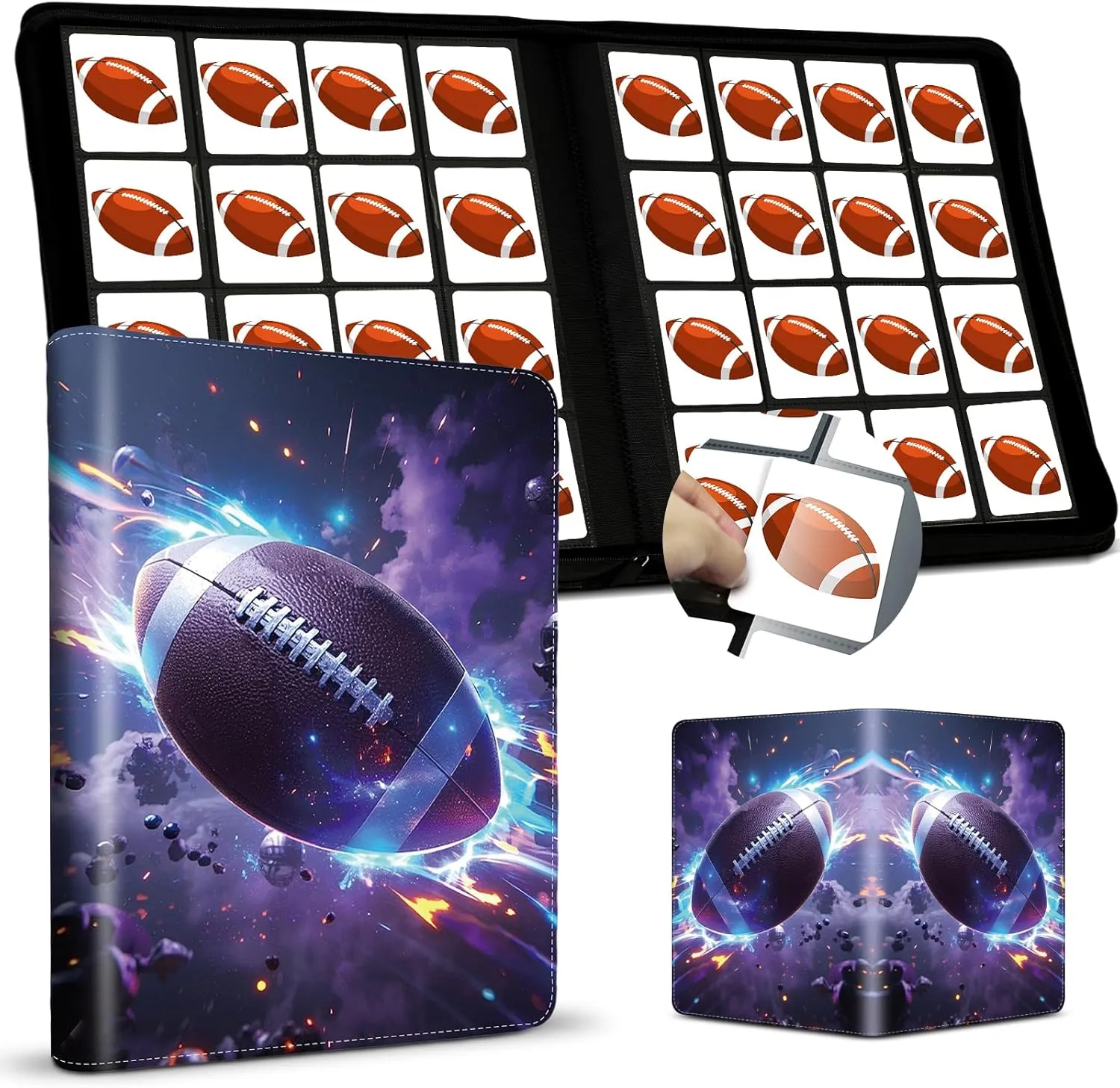 Football Card Binder 16 Pocket, Premium 1000  Cards PU Cover Trading Sports Card Binder Side Loading Card Holder Collection Album Folders