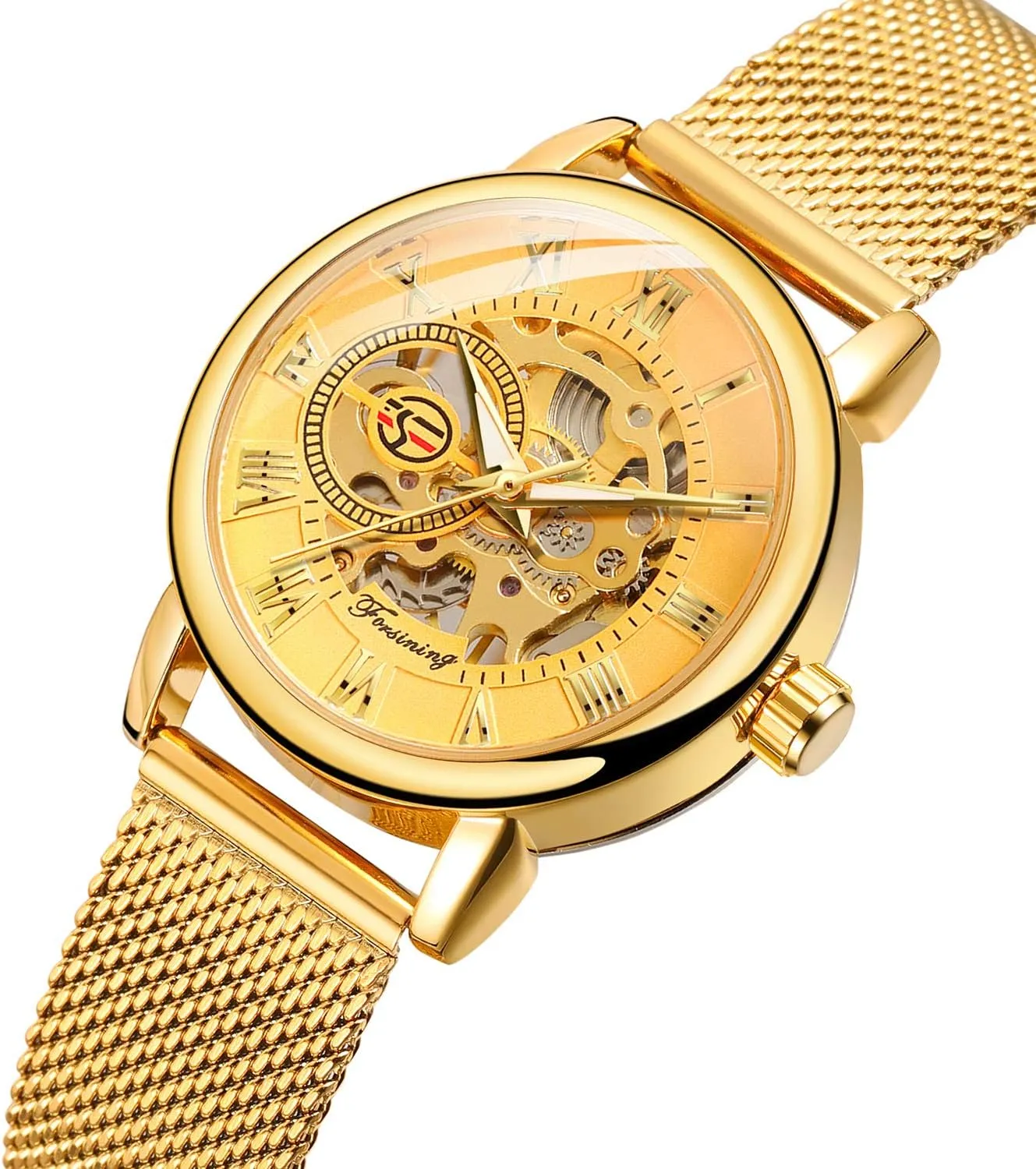 FORSINING New Women Fashion Skeleton Wristwatch Lady Casual Waterproof Self-Wind Mechanical Watch with Stainless Steel Mesh Band