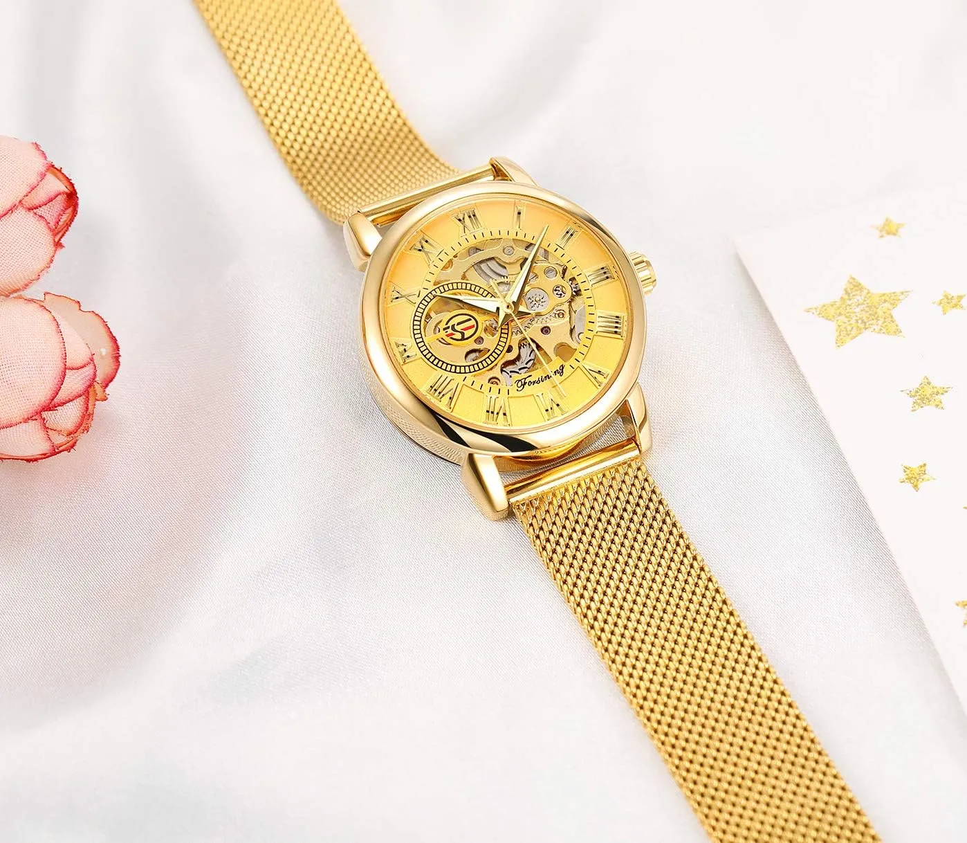 FORSINING New Women Fashion Skeleton Wristwatch Lady Casual Waterproof Self-Wind Mechanical Watch with Stainless Steel Mesh Band