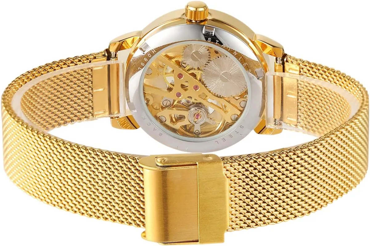FORSINING New Women Fashion Skeleton Wristwatch Lady Casual Waterproof Self-Wind Mechanical Watch with Stainless Steel Mesh Band
