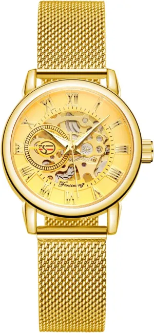 FORSINING New Women Fashion Skeleton Wristwatch Lady Casual Waterproof Self-Wind Mechanical Watch with Stainless Steel Mesh Band