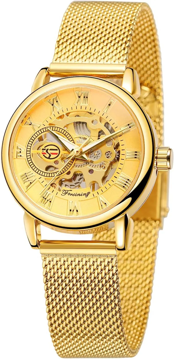 FORSINING New Women Fashion Skeleton Wristwatch Lady Casual Waterproof Self-Wind Mechanical Watch with Stainless Steel Mesh Band