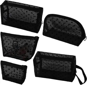 Framendino, 5 Pack Mesh Makeup Bag Set Portable Heart Printed Cosmetic Small Bags with Zipper for Home Office Travel