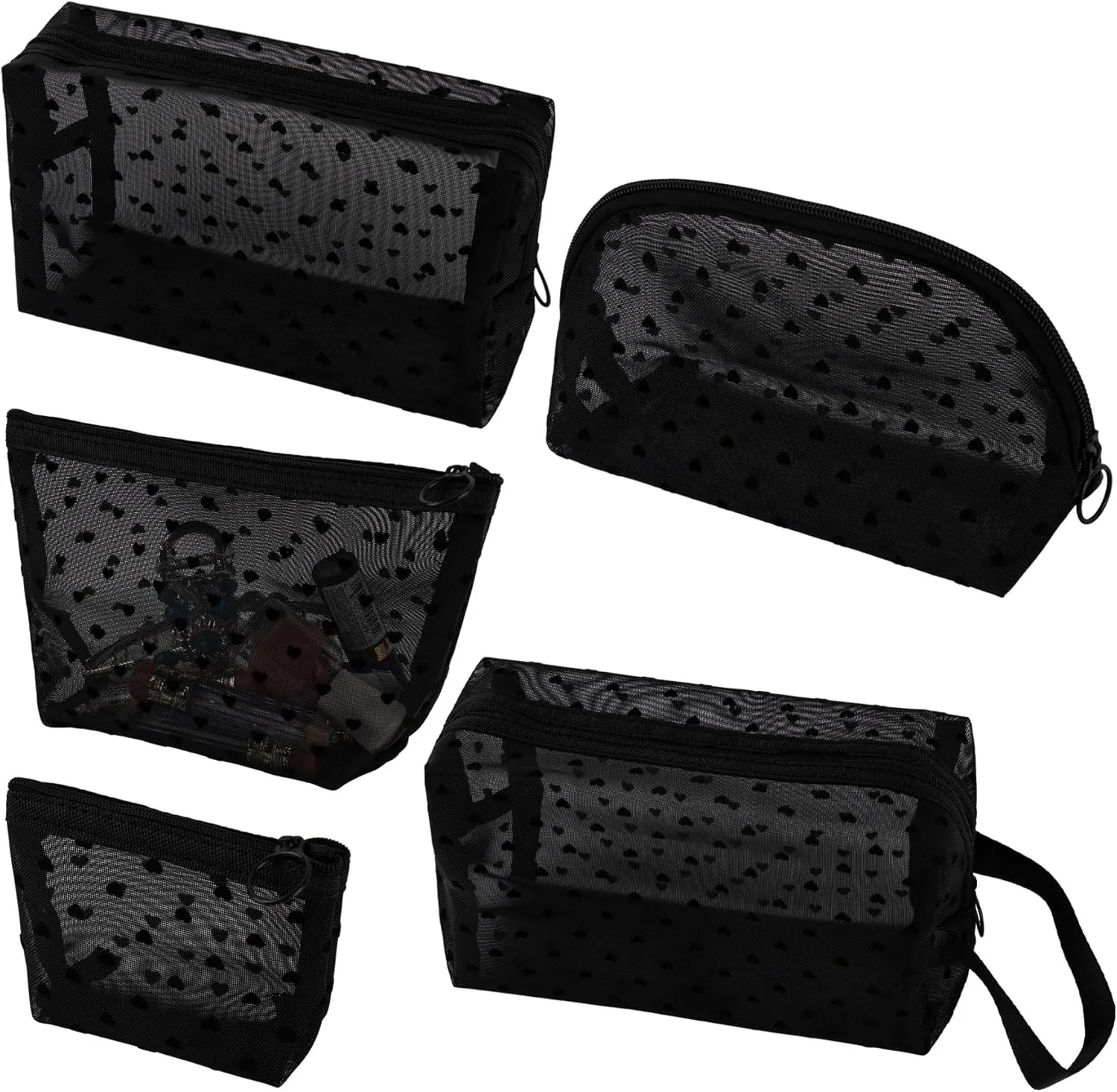 Framendino, 5 Pack Mesh Makeup Bag Set Portable Heart Printed Cosmetic Small Bags with Zipper for Home Office Travel