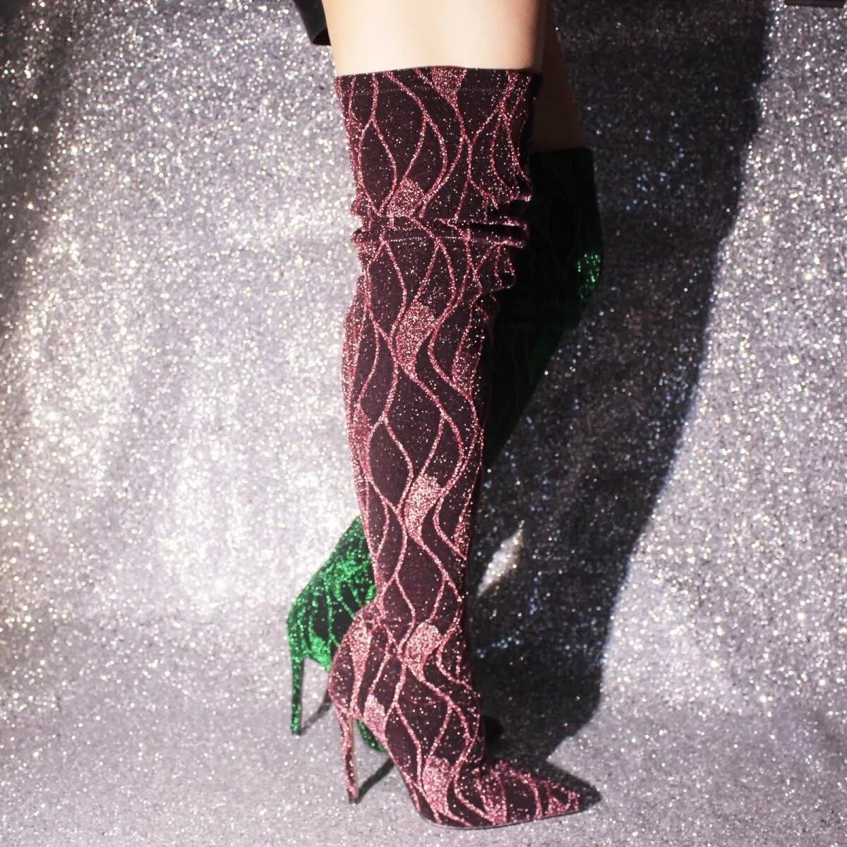 Frankie Hsu Kitten Over Knee High Heeled Boots, Pink Black Thigh High Heels Boots, Special Stripe Design Shiny Glitter Stretch Fabric Over The Knee High Heeled Shoe for Women