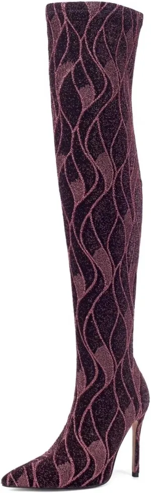 Frankie Hsu Kitten Over Knee High Heeled Boots, Pink Black Thigh High Heels Boots, Special Stripe Design Shiny Glitter Stretch Fabric Over The Knee High Heeled Shoe for Women