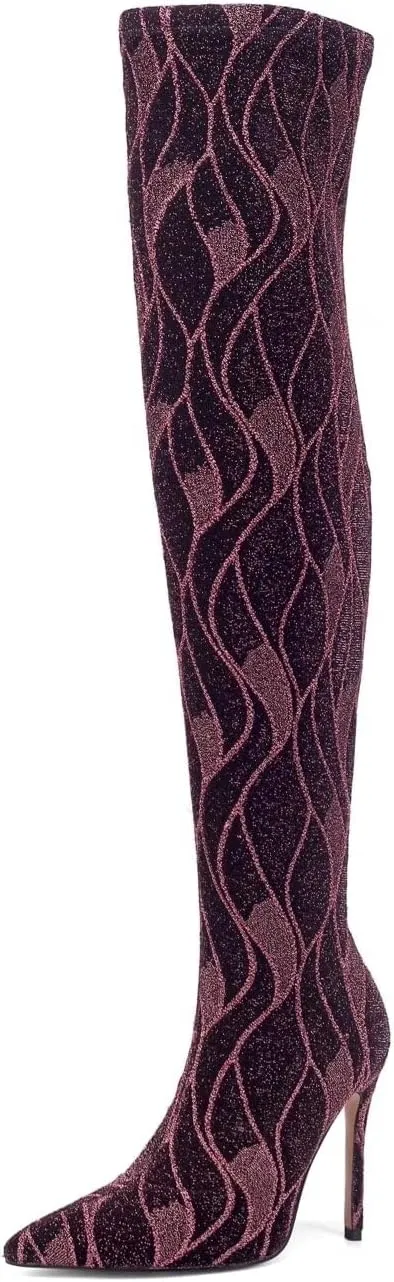 Frankie Hsu Kitten Over Knee High Heeled Boots, Pink Black Thigh High Heels Boots, Special Stripe Design Shiny Glitter Stretch Fabric Over The Knee High Heeled Shoe for Women
