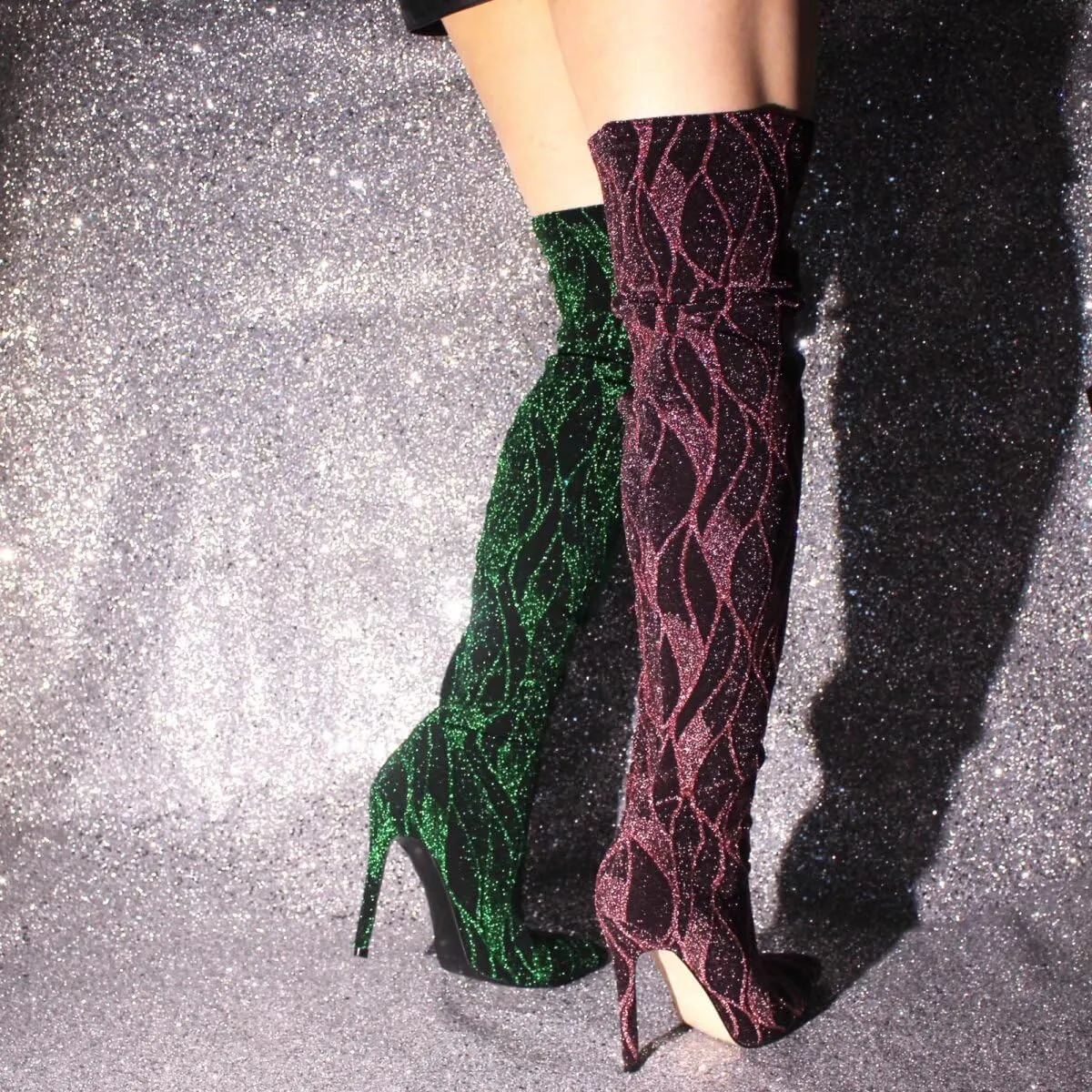 Frankie Hsu Kitten Over Knee High Heeled Boots, Pink Black Thigh High Heels Boots, Special Stripe Design Shiny Glitter Stretch Fabric Over The Knee High Heeled Shoe for Women