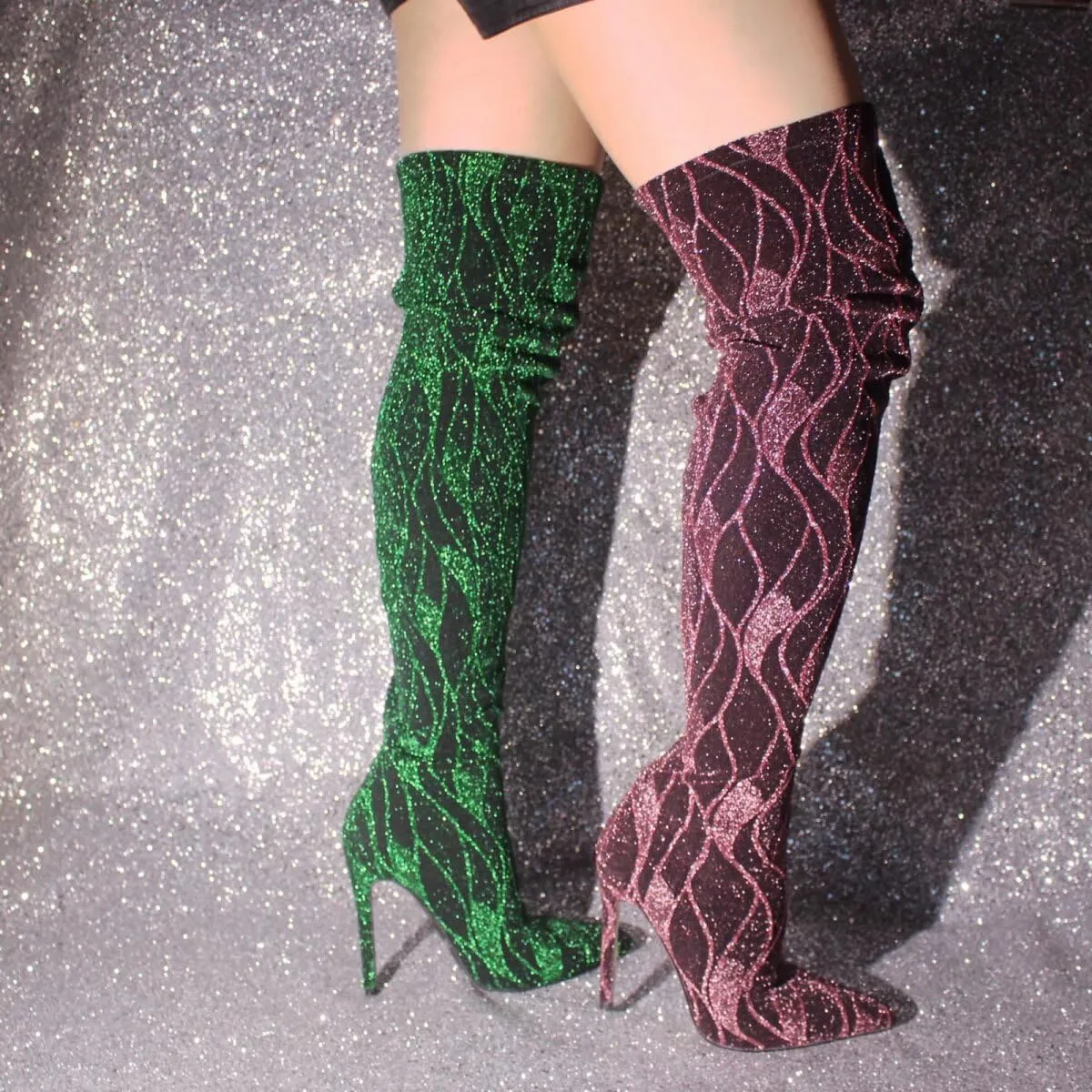 Frankie Hsu Kitten Over Knee High Heeled Boots, Pink Black Thigh High Heels Boots, Special Stripe Design Shiny Glitter Stretch Fabric Over The Knee High Heeled Shoe for Women