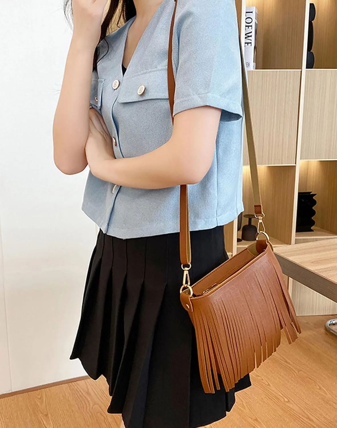 Fringe Crossbody Shoulder Bag Faux Leather Messenger Purse Western Cowgirl Tassel Handbags for Women, Brown