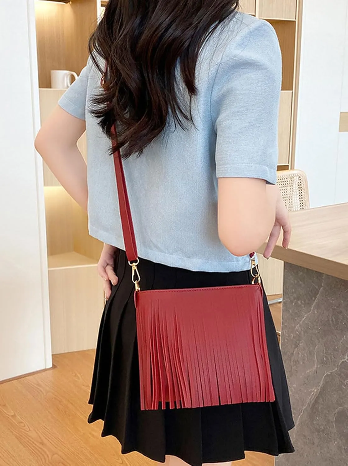 Fringe Crossbody Shoulder Bag Faux Leather Messenger Purse Western Cowgirl Tassel Handbags for Women, Wine