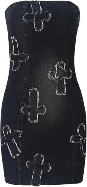 Fronage Women's Sexy Jeans Denim Strapless Dresses Bodycon Corset Tube Mini Dress