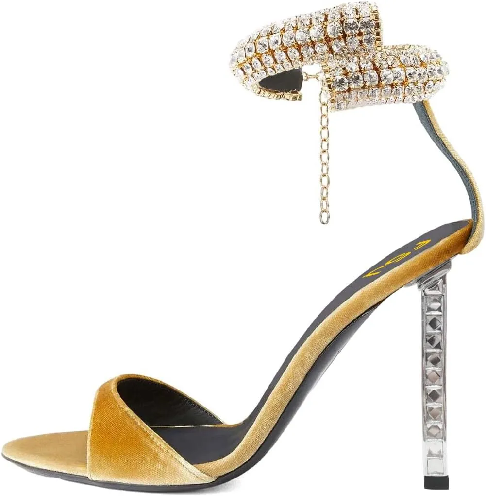 FSJ Women High Heels Shiny Crystal Ankle Strap Sandals Open Toe Sparkly Prom Evening Formal Dressy Wedding Shoes Size 4-15 US