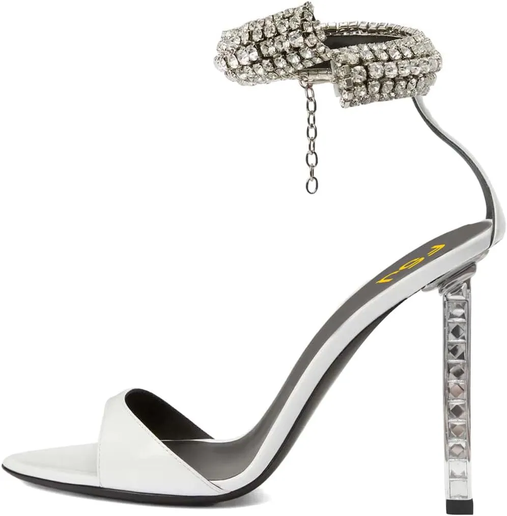 FSJ Women High Heels Shiny Crystal Ankle Strap Sandals Open Toe Sparkly Prom Evening Formal Dressy Wedding Shoes Size 4-15 US