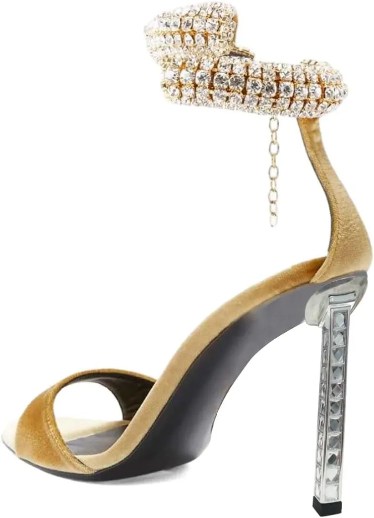 FSJ Women High Heels Shiny Crystal Ankle Strap Sandals Open Toe Sparkly Prom Evening Formal Dressy Wedding Shoes Size 4-15 US