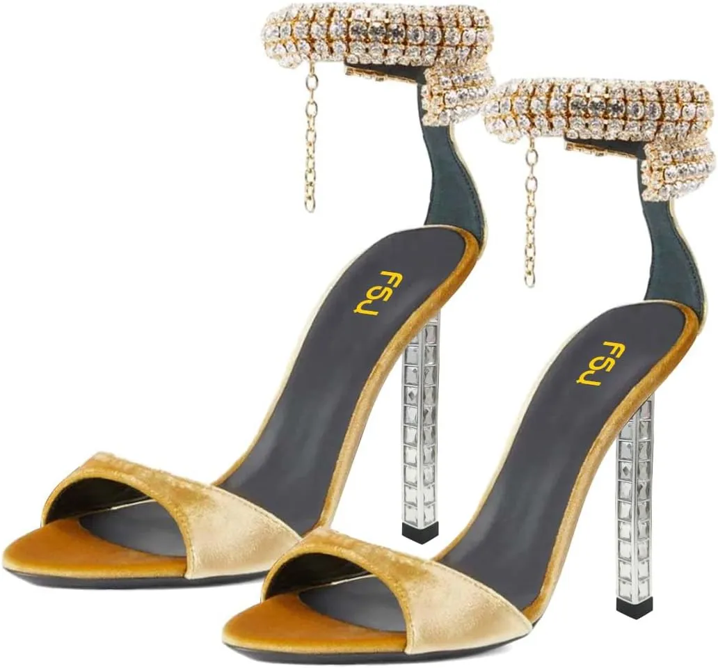 FSJ Women High Heels Shiny Crystal Ankle Strap Sandals Open Toe Sparkly Prom Evening Formal Dressy Wedding Shoes Size 4-15 US