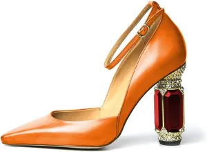 FSJ Women's Comfortable Block High Heels Pointed Toe Rhinestone Pumps Ankle Strap Leather Ladies Party Dress Shoes Size 4-15 Us