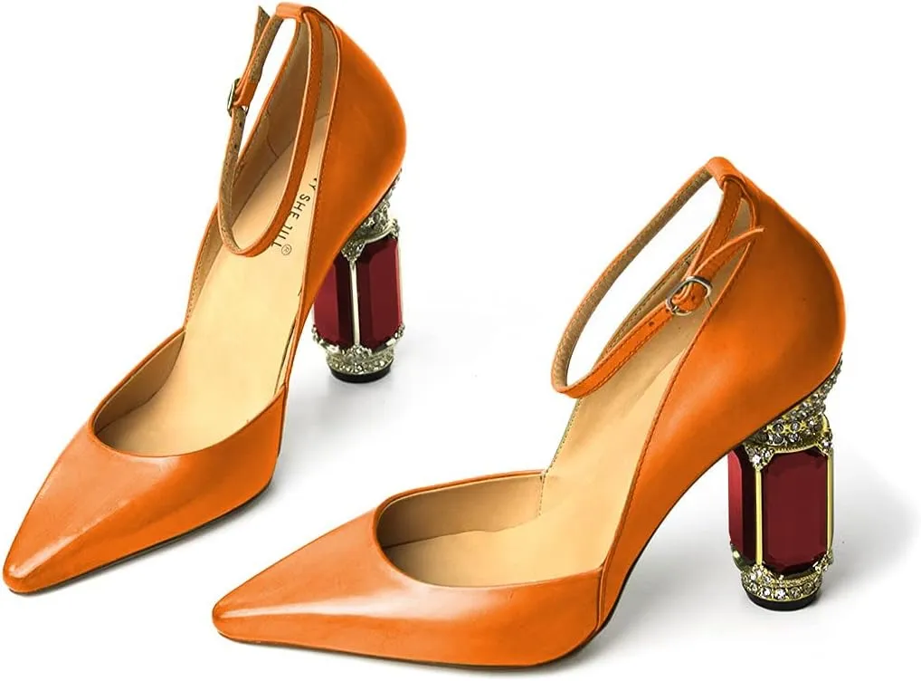 FSJ Women's Comfortable Block High Heels Pointed Toe Rhinestone Pumps Ankle Strap Leather Ladies Party Dress Shoes Size 4-15 Us