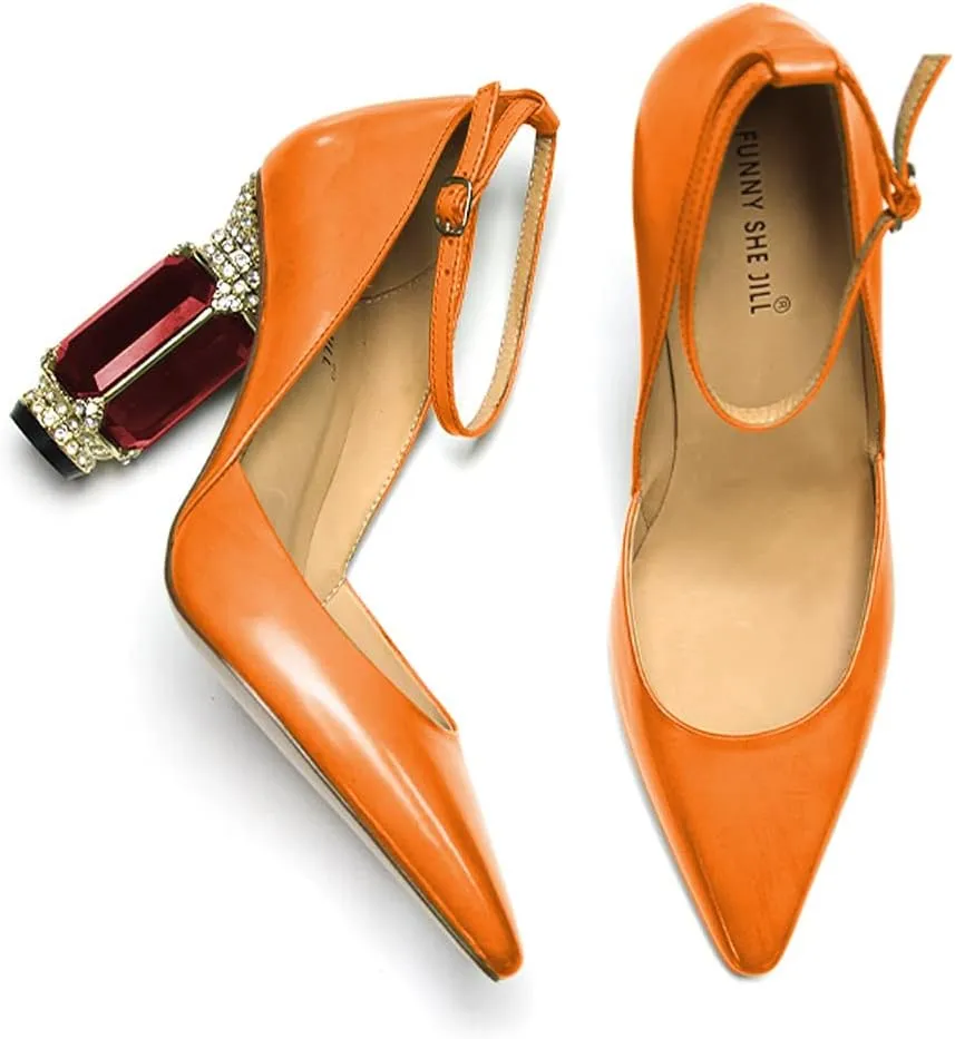 FSJ Women's Comfortable Block High Heels Pointed Toe Rhinestone Pumps Ankle Strap Leather Ladies Party Dress Shoes Size 4-15 Us